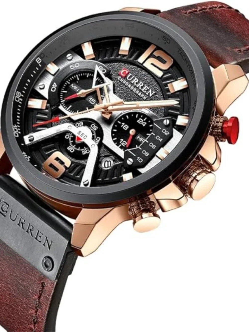 Men's Brown Rose Gold Analog Waterproof Leather Strap Chronograph Luxury Watch